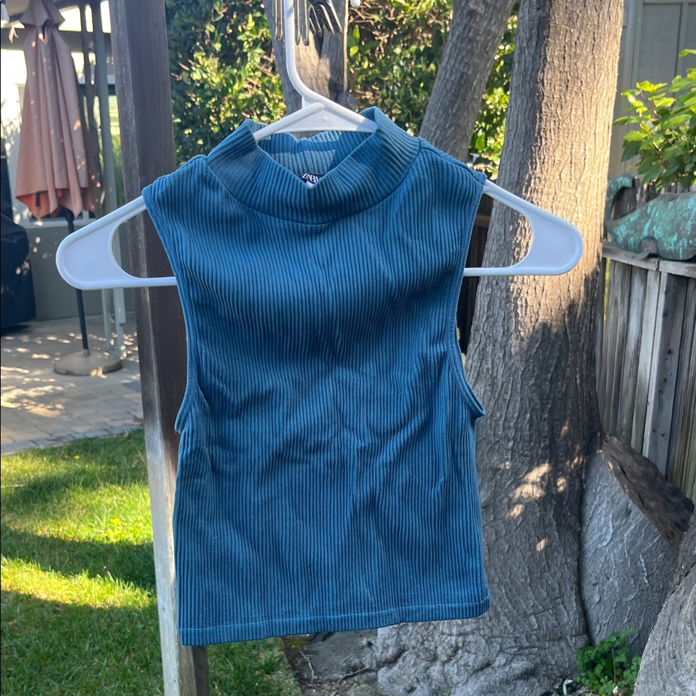 Zara Girls Ribbed Sleeveless Mock Neck Top - Teal M